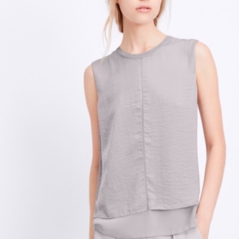 Vince Silk Mixed Media Overlay Silver Grey Blouse